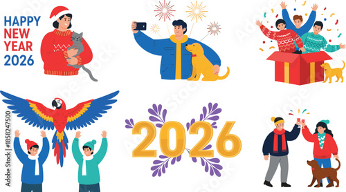Happy New Year 2026 celebration illustration, joyful people with pets, fireworks, gifts, winter holiday party, colorful festive family moments and friendship