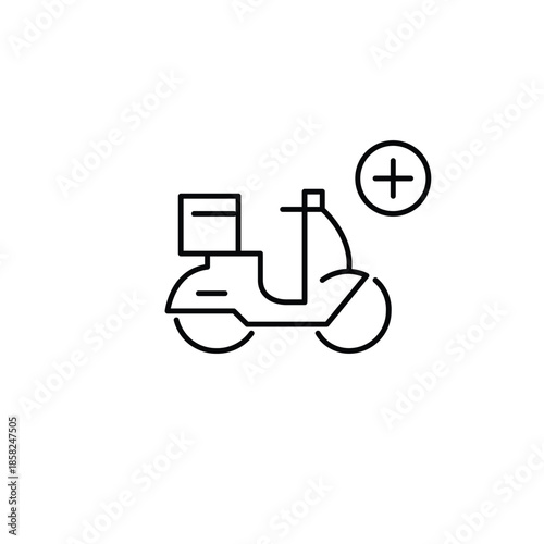 Add items to order. Food delivery update. Moped and plus symbol. Pixel perfect, editable stroke vector icon