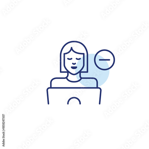 Woman working at laptop and minus sign. Remove user or profile picture. Restrict access. Pixel perfect, editable stroke vector icon