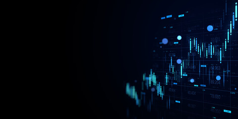 Digital forex and stock chart with candlestick graph on dark blue screen background for financial market analysis and investment template design. 3D Rendering