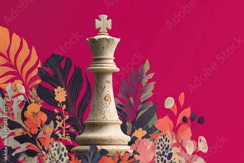 Regal Chess Piece Amidst Floral Elegance: A majestic chess king stands as a focal point, embraced by a vibrant floral arrangement, symbolizing strategy and artistic beauty. 