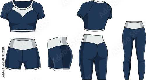 Women sportswear set vector illustration, crop top, shorts and leggings, front back side views, modern athletic activewear outfit isolated on white