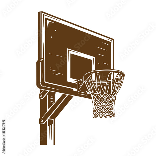 Vintage Brown basketball hoop with net and backboard on white background