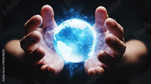 Close up of human hands gently cradling a brightly glowing blue energy sphere radiating mystical light symbolizing power potential and future technology concepts