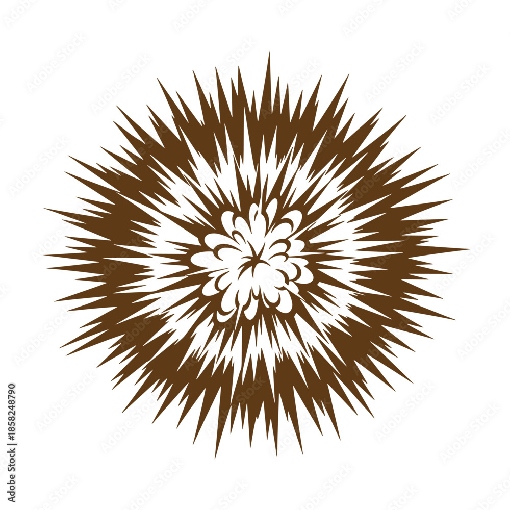 Naklejka premium Vintage Brown exploding flower design element with sharp pointed petals and central floral pattern on white background