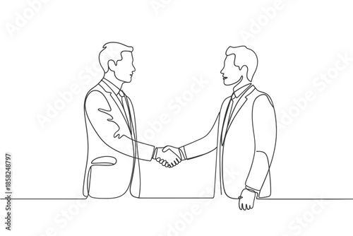 A simple line drawing of two men shaking hands in suits
