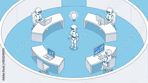 Artificial intelligence office illustration showing robots collaborating at curved workstations, data analytics, automation systems, innovation ideas, teamwork, futuristic workplace efficiency