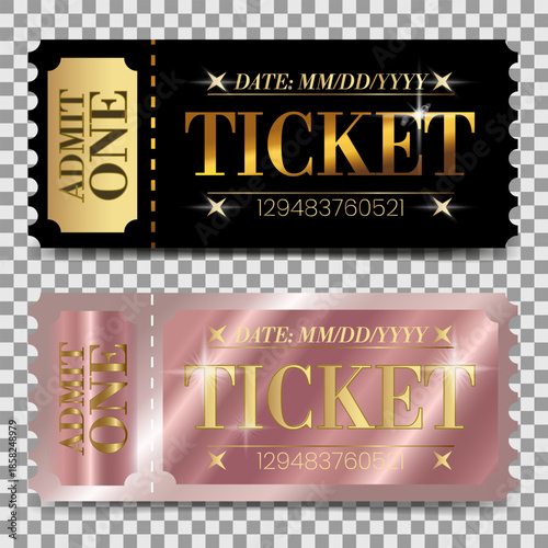 Luxury event ticket templates with metallic gold and rose gold gradients. Elegant admit one coupons on black and shimmering pink backgrounds featuring sparkling star accents and professional layout