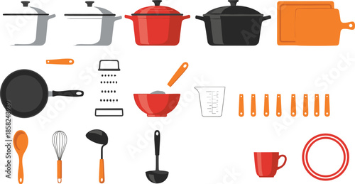 Kitchen cookware vector set with pots pans utensils cutting boards measuring tools and cooking accessories