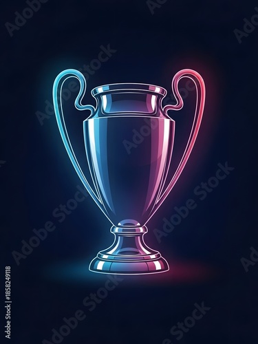 Futuristic Neon Champions Cup Trophy Illustration with Glowing Gradient on Dark Blue Background
