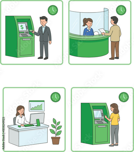 Banking service illustrations showing ATM withdrawals, teller assistance, financial transactions, customer support, modern banking operations, time management, and office services