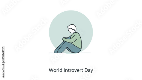 Illustration of a person sitting alone on a line with a green circle behind, representing World Introvert Day with a minimalist style.