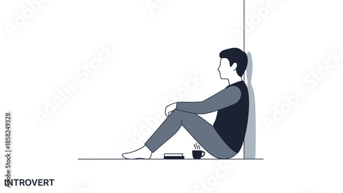 Illustration of an introverted young man sitting on the floor with a cup of coffee in a minimalist setting with a monochromatic color scheme.