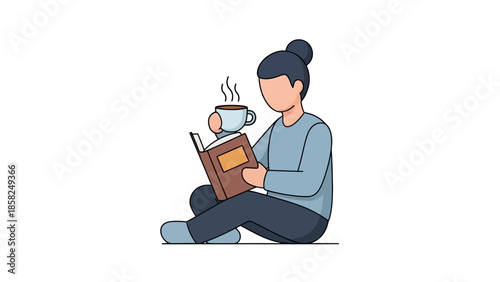 A woman sits cross-legged on the floor, reading a book and holding a steaming cup of coffee in a relaxed, casual setting with a minimalist white background.