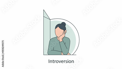 Illustration of a woman with her hand on her chin looking thoughtful in a simple green room with a concept of introversion.