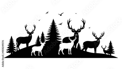 Majestic Deer Herd Silhouette in a Forest Landscape.