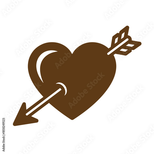 Vintage brown heart pierced by an arrow symbolizing love and passion in a simple graphic design