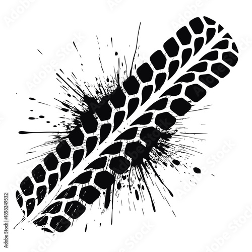 A striking black and white image of a tire track imprint with splashes