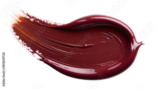 Swatch of dark red, glossy makeup, smooth curves, fading to textured, light-reflective tip