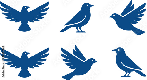 Blue bird silhouettes icon set featuring flying and standing poses, minimalist avian symbols for logos branding, modern flat vector illustration design