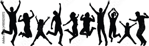 Happy people group jumping silhouette, energetic family celebration, joyful friends crowd, success victory vector illustration, active fun lifestyle background design.