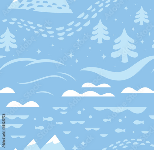 Snowy landscape in light blue seamless pattern