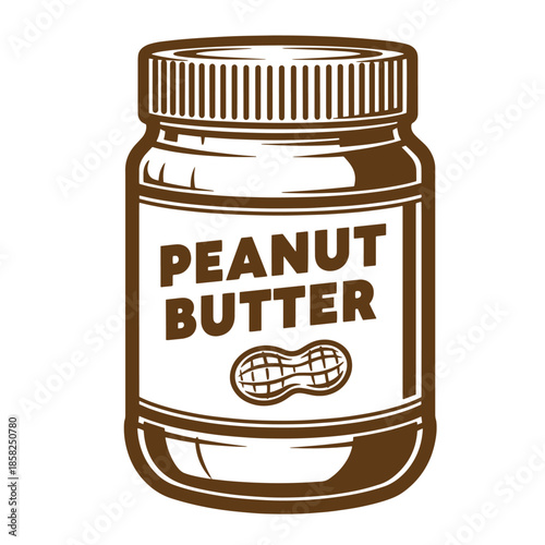 Vintage Brown peanut butter jar with a screw on lid and a label isolated on transparent background