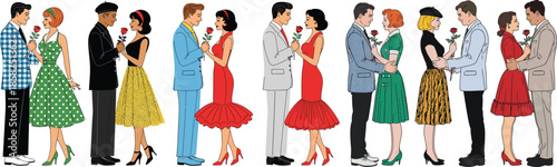 Romantic 1950s Couples With Roses – Vintage Illustration