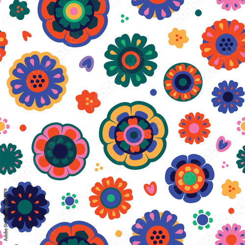 Seamless pattern with Folk Blossom Circles