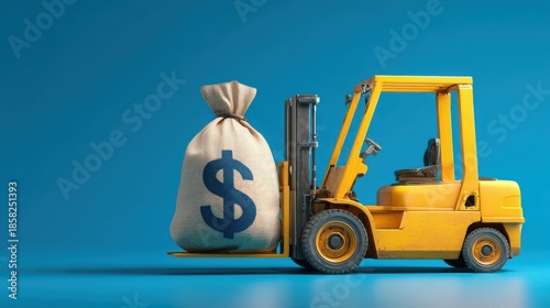 Yellow Forklift Lifting Money Bag with Dollar Symbol Over Blue Background for Financial and Business Concepts and Investment Themes
