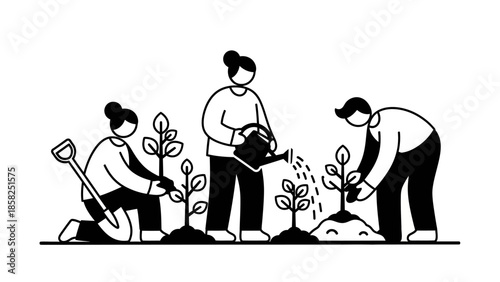 People planting and watering small trees together.