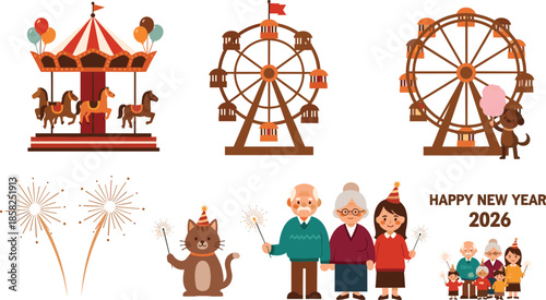 Happy New Year 2026 family celebration at amusement park, ferris wheel, carousel, fireworks, grandparents, children and cute pets enjoying festive holiday