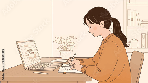 Vector Illustration of Young Woman Online Learning with Laptop & Notes: Cozy Home Study, Digital Education, Warm Illustration