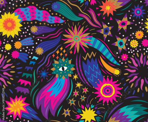 Cosmic Night Garden Seamless pattern in vector