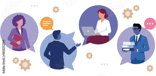 Business team communication and collaboration concept illustration showing professionals discussing ideas, workflow processes, remote work, teamwork, productivity, and corporate interaction