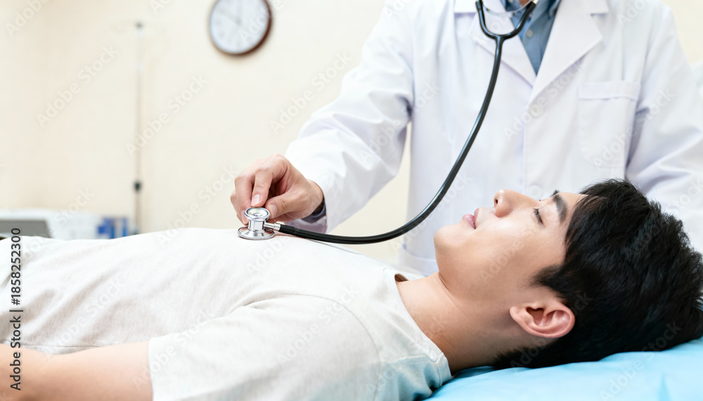 Obraz premium Medical examination of patient with stethoscope hospital room healthcare scene indoor setting close-up perspective patient care concept