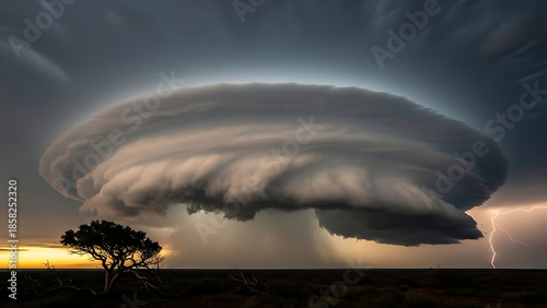 Spectacular lenticular cloud formation with lightning strikes in a dramatic sky over a silhouette tree