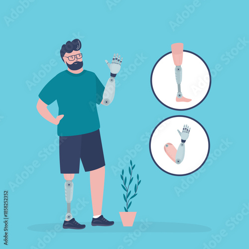 Happy male character with prosthetic leg and arm. Person wearing a prosthesis. Handicapped person, strong man with artificial limbs.