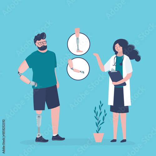 Doctor traumatologist and male character with prosthetic leg and arm. Person wearing a prosthesis. Doctor orthopedist and handicapped person, strong man with artificial limbs.