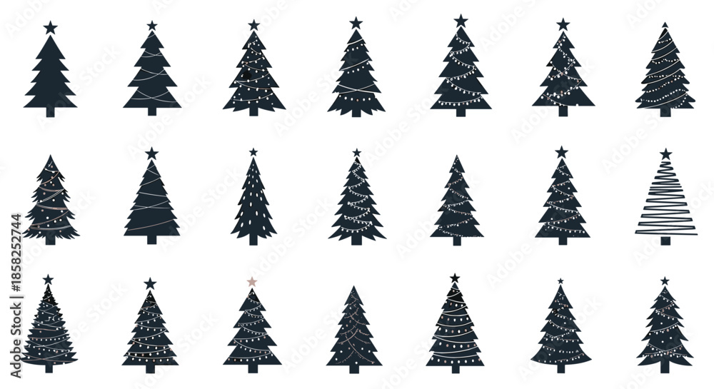Obraz premium A diverse collection of minimalist Christmas tree icons, featuring various shapes, stars, and festive string lights for holiday designs.