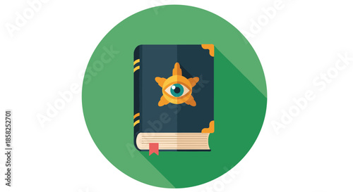 Mystical ancient book with an all-seeing eye and star emblem on its cover, presented in a flat design, representing magic and esoteric wisdom.