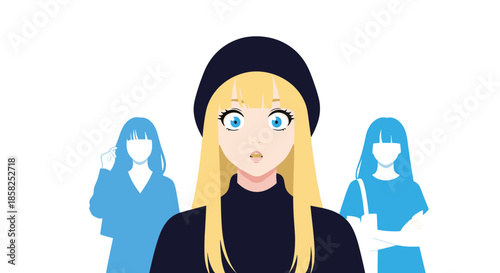 A blonde-haired anime girl in a black beanie and turtleneck sweater looks surprised, with two blue-silhouetted women in the background.