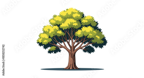 A vibrant, stylized deciduous tree with lush green and yellow foliage and a sturdy brown trunk, standing isolated against a clean white background.