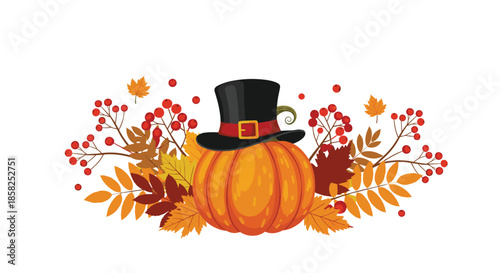 Thanksgiving illustration featuring a charming pumpkin with a pilgrim hat, encircled by warm-toned autumn leaves and festive red berries.