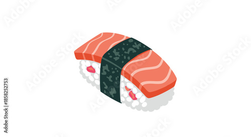 A delicious and vibrant salmon nigiri sushi illustration, showcasing fresh orange fish, white rice, and a dark seaweed band on a clean white background.