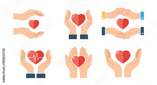 Hands protecting and caring for red hearts, symbolizing health, love, and support.