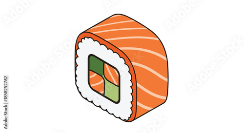 Isometric illustration of a vibrant salmon uramaki sushi roll, showcasing its layered rice, salmon, and green vegetable fillings.