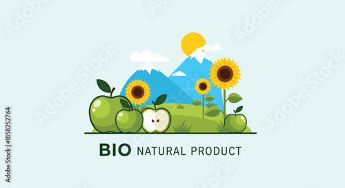 An illustration showcasing a vibrant natural landscape with green apples, sunflowers, mountains, and a bright sun, emphasizing bio natural products.