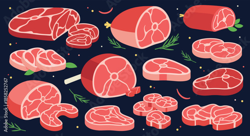 Collection of fresh, raw red meat cuts like steaks, roasts, and slices, artfully arranged with herbs and spices on a dark background.