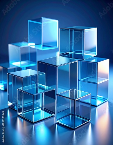 Abstract Blue Glass Cubes Reflecting Light on a Dark Background.